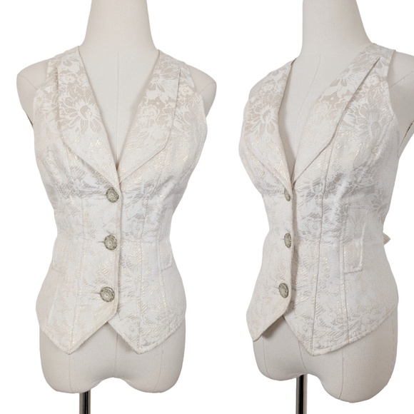 Guess Brocade Vest Waistcoat Cream Sleeveless Fitted Buttons - Picture 1 of 9